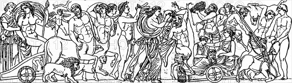 Illustration of a Greek sculpture depicting the worship of Dionysus