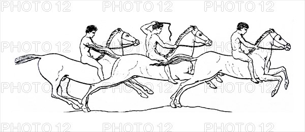Drawing depicting nude men riding horses in ancient Rome