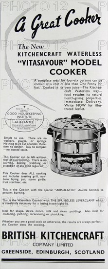 Advert for the 'new' kitchen craft waterless vitasavour model cooker