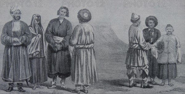 Illustration depicting the Ghilzai chieftain with tribesmen and hazara peasants of Ghazni