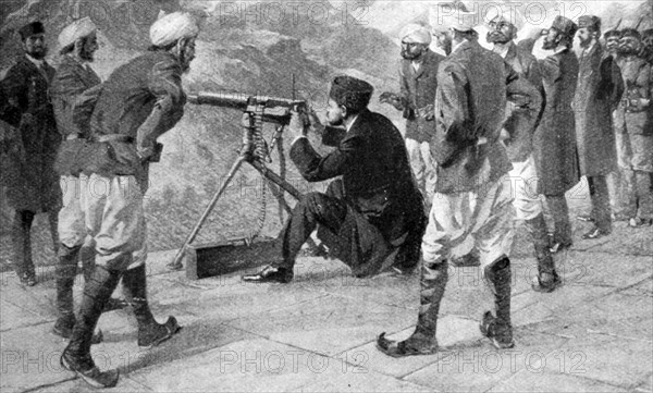 Mir Mahmud Khan II testing a Maxim Gun during the army manoeuvres