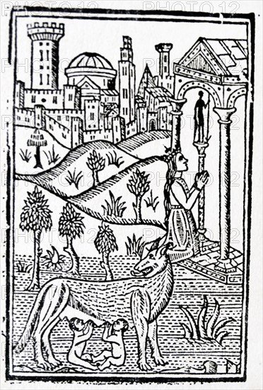 Woodcut depicting the mother of Rome's founders