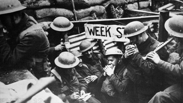 British soldiers in a trench shelter in London