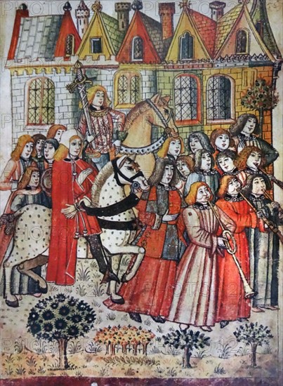 Miniature showing a new knight of the Bath riding through the courtyard of the Tower of London