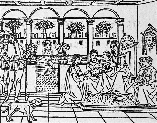 Woodcut depicting Masuccio da Salerno presenting his 'Novellino' to a noble lady