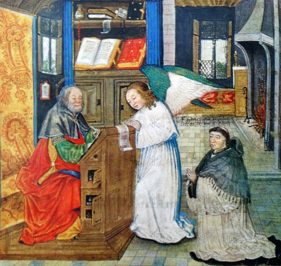 an angel dictating to St. Matthew before a kneeling donor.