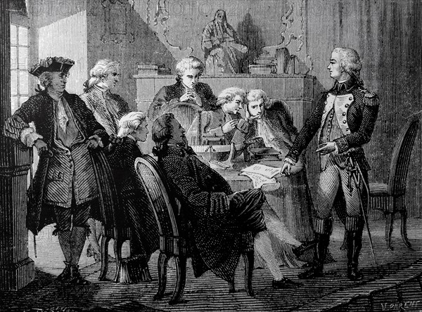 JOUFFROY: Artist's reconstruction of a meeting held at the house of the Marquis Ducrest to discuss the Marquis de Jouffroy d'Abbans's