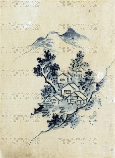 Buildings nestled among trees in a mountain valley by Hokusai Katsushika
