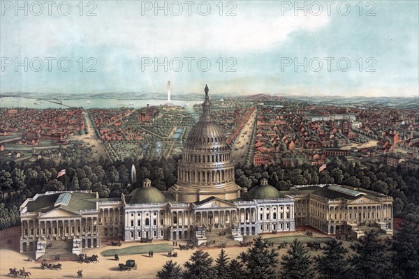 View of Washington City by Lithographer E Sachse & Co. Chromolithograph.