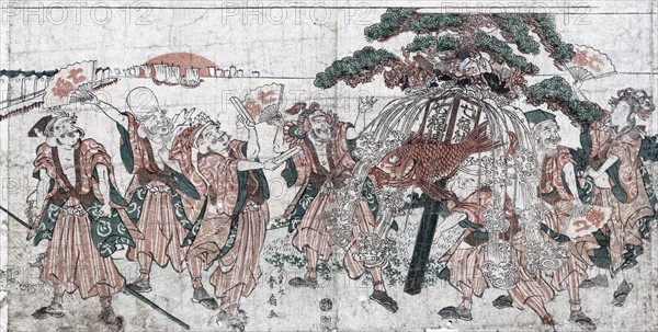 Woodcut illusration of the seven lucky gods of Japan. Dated c1890