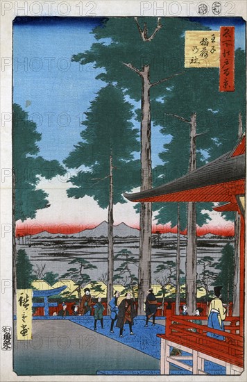 Woodcut illustration shows Japanese worshippers arriving at the Oji Inari shrine.