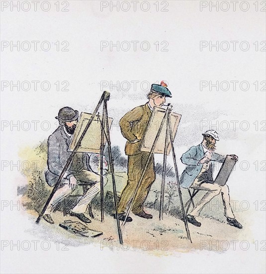 Coloured illustration of three men painting in the countryside
