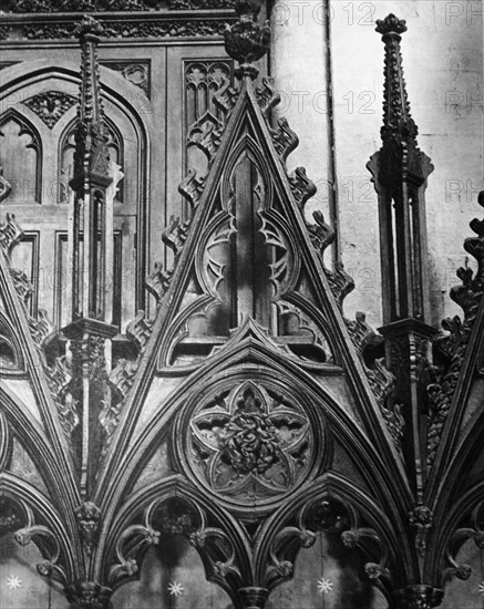 detail of one of the canopies in the choir stalls of Winchester Cathedral