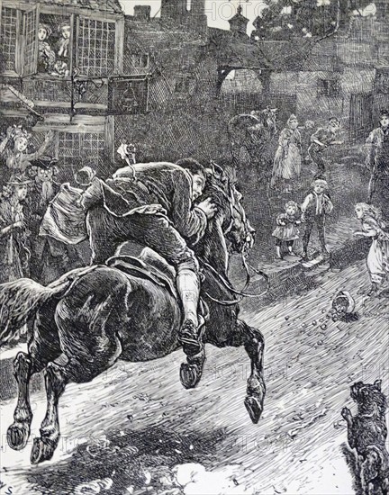 A 18th century messenger racing by horseback through a street