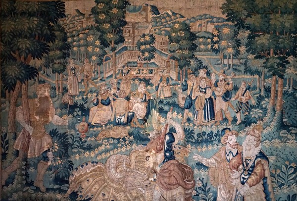 Oudenaarde tapestry depicting Hercules with courtiers in a landscape