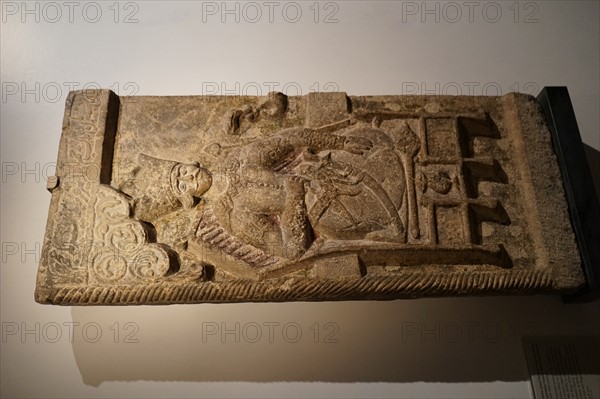 Limestone panel from a frieze depicting the legendary Iranian hero Kaykhusrau