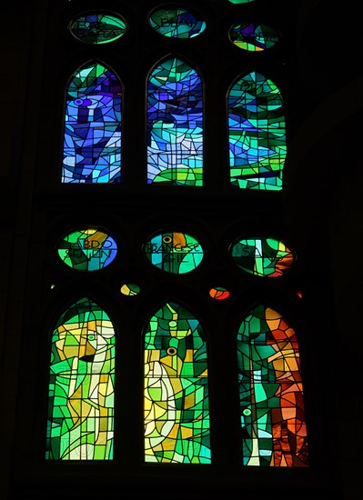 Stained glass window at the Basílica i Temple Expiatori de la Sagrada Família