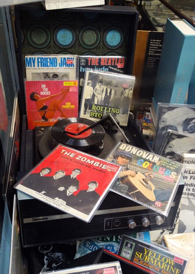 Collection of 1960's record covers and record player