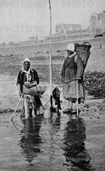 Print of mussel gatherers off the coast of Normandy