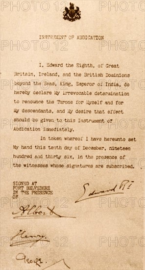 Copy of the document that confirms the abdication of King Edward VIII