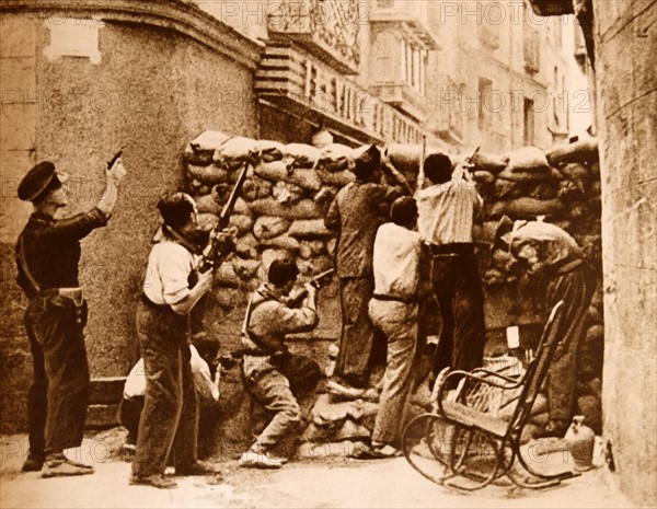 Spanish Republican barricade during the Siege of the Alcázar in Toledo in the opening stages of the Spanish Civil War.