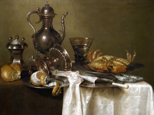 Pewter and Silver Vessels and a Crab