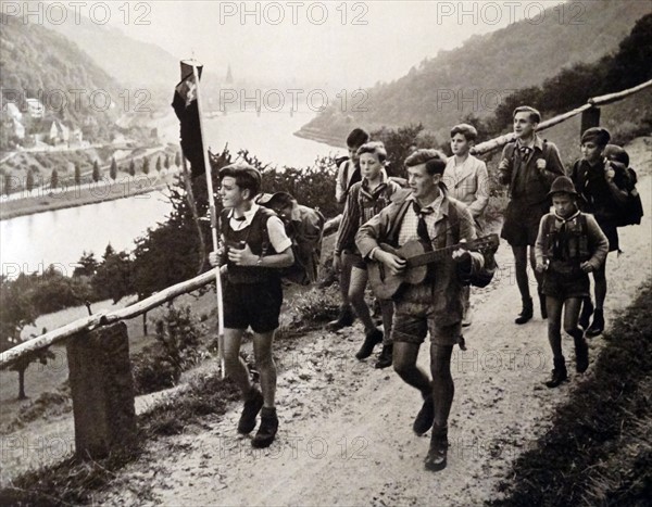 Boy scouts marching to camp