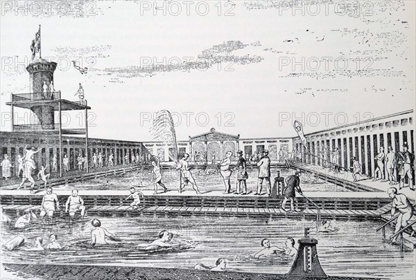 Engravings depicting scenes from Stockholm's swimming and siminrättning