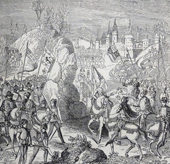 Engraving depicting Queen Philippa before the Battle of Neville's Cross