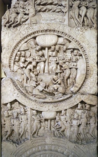 Central roundel depicting the gift of food to the Buddha from a Stupa