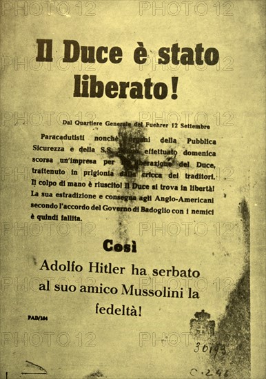 Leaflet that was circulated after the evasion of Benito Mussolini in Italy