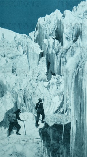 Photograph of a party climbing the North Face of Mount Everest