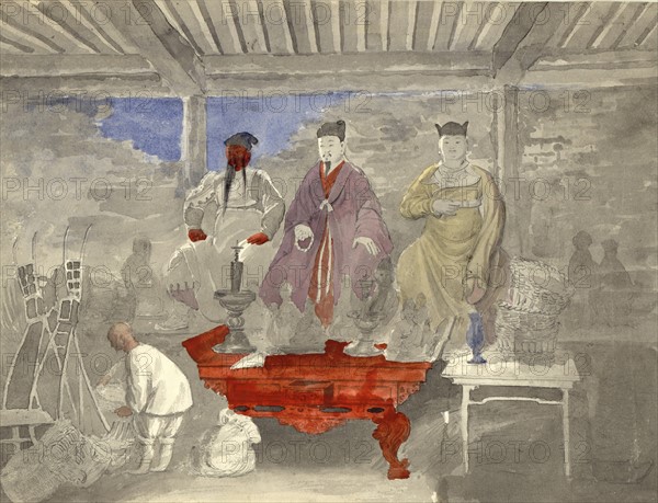 Interior of Buddhist temple or shrine with statues by Gennadii Vasil'evich, 1840-1912