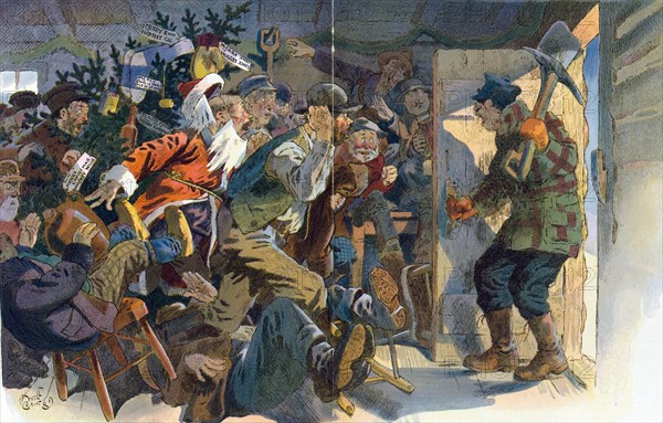 Christmas in a mining camp by 1869-1944, artist. 1912.