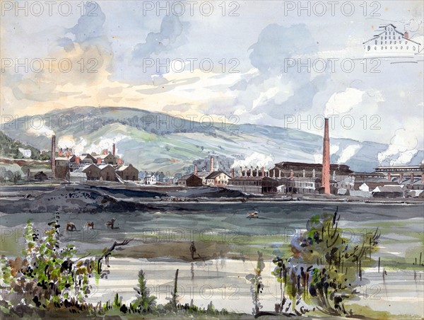 River view with Factory by artist James Fuller Queen, 1821-1886. Dated ca. 1857