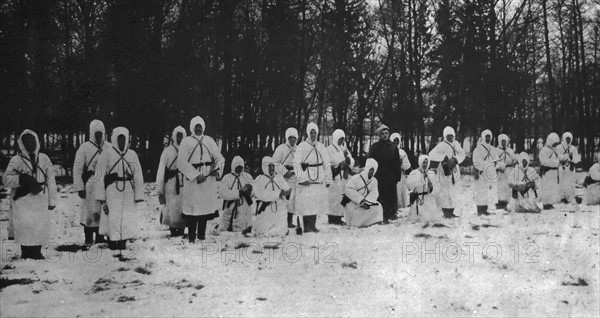 WWI Russian troops advance through a snow covered landscape in Galicia