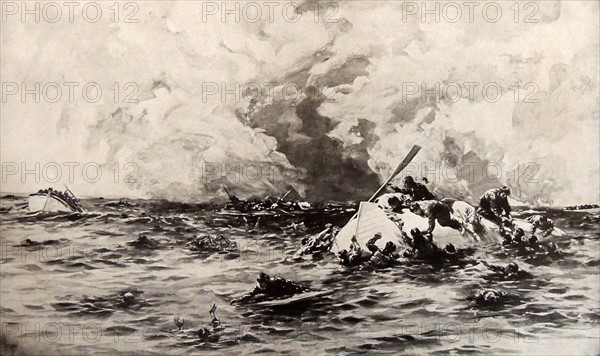 The survivors of the Lusitania cling to lifeboats.