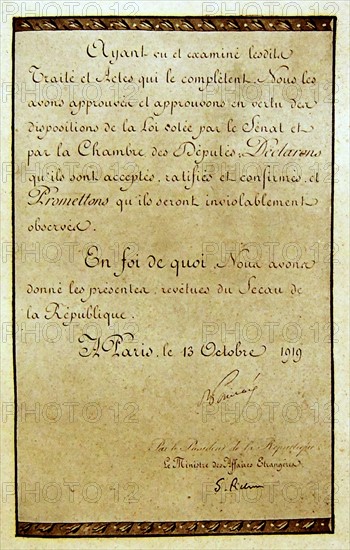 Ratification du Traité de Versailles le 13 octobre 1919