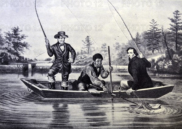 Currier & Ives Illustration. Catching a Trout. 'We hab you now, sar'