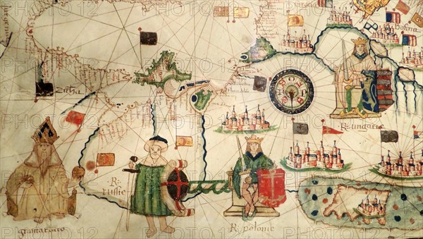 King of Hungary depicted in Jacopo Russo Map of the world 16th century circa 1528