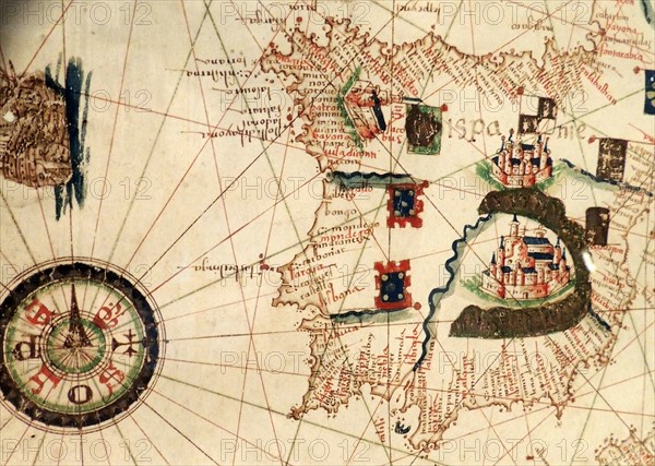 Spain and Portugal depicted in Jacopo Russo Map of the world 16th century circa 1528