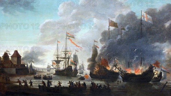 The Dutch burning English ships during the Raid on the Medway 1667.