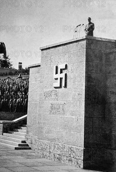podium with swastika prepared for a rally in Nuremburg 1936