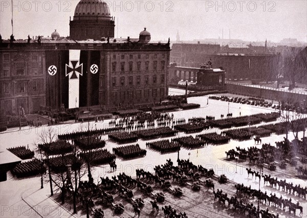 German army recruits pass out at graduation from training with a parade through Berlin 1935