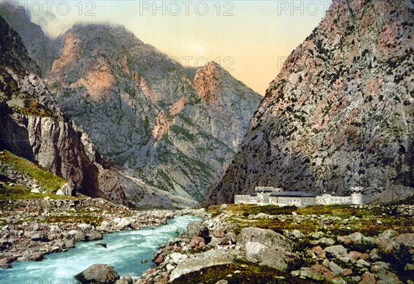 Military road with fortress in the Dariel Ravine, Caucasus, Russia