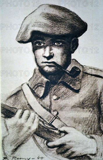 WWII: French army soldier. Drawing by P Remy 1940