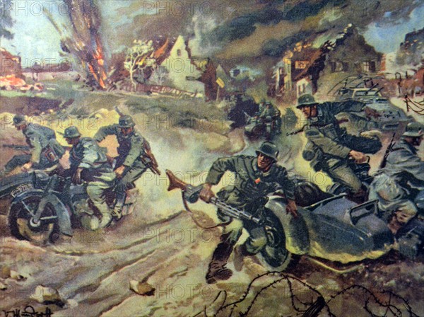 German WWII postcard showing an attack by German forces on a town in Russia