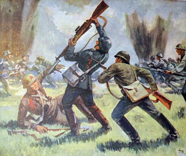 World War Two: Patriotic Russian war postcard depicting Russian soldier fighting several Germans as he falls to the ground