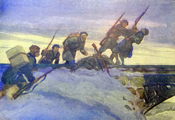 Patriotic Russian war postcard depicting Russian soldiers attacking a German lookout post