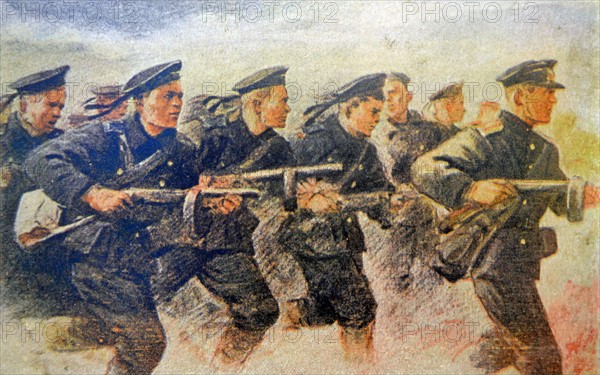 Patriotic Russian war postcard depicting Russian sailors attacking the enemy